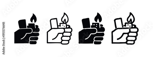Hand holding a lit lighter icon set. Classic metal fluid lighter with a flame.