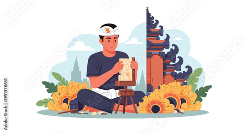 Craftsman diligently carves an ornate wooden artifact near a traditional temple