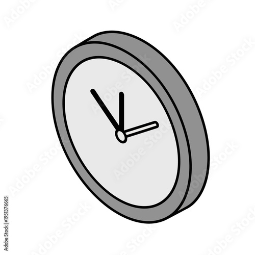 An isometric view of a simple analog clock with hands pointing at ten past two.