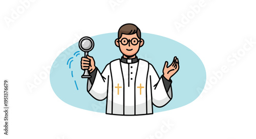 A cleric in white vestments holding a chalice with water sprinkles