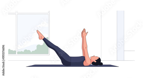 Person in yoga pose on mat with arms and legs raised, near window