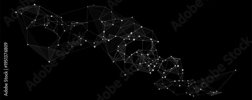 Wide dark abstract plexus background with connected dots, thin lines and translucent polygon mesh, ideal for technology banners, data visuals and futuristic presentations.