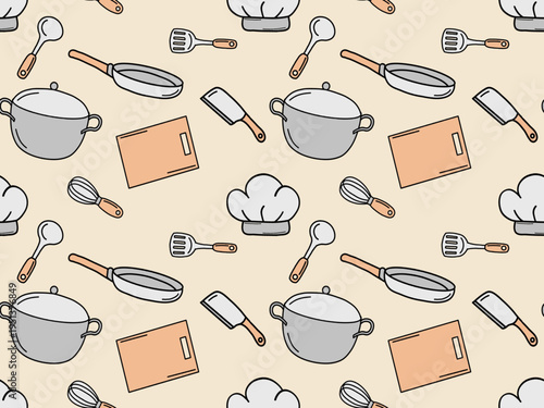 Seamless pattern of kitchen and cooking equipment icons with ivory background. The illustration design is cartoon or doodle-style with thick black outline.