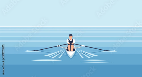 A single rower glides across a calm blue water expanse