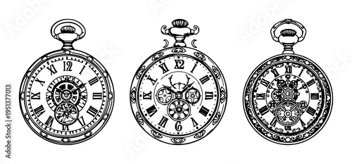 Pocket watch set with ornate Victorian line art design featuring gears, steampunk, Victorian with line art and white background