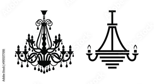 Two ornate chandeliers depicted in a striking black silhouette