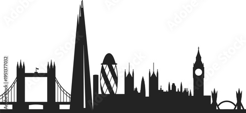 London skyline silhouette featuring Tower Bridge, Big Ben, The Shard, Gherkin, and London Eye iconic landmarks for travel vector illustration design.