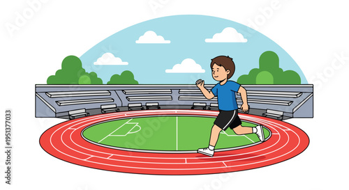 A boy jogs on a red track at a stadium with green field and bleachers