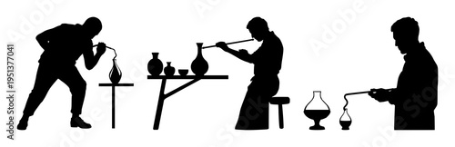 Glassblower silhouette set with solid black outline and blowpipe shaping molten glass featuring glassblowing, artisan work, molten glass with fire and furnace