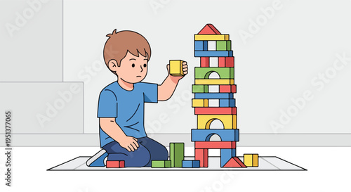 A young boy intently building a tall tower with colorful wooden blocks