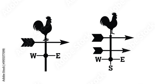 Two black rooster weathervanes displaying cardinal directions a bold silhouette