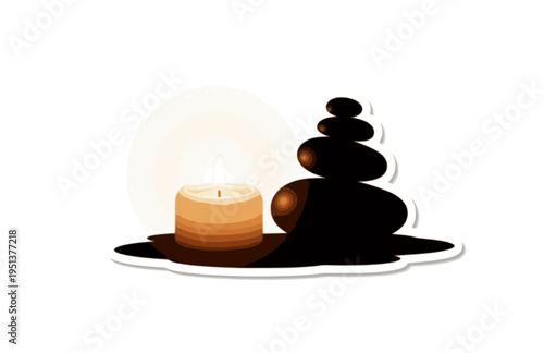 Zen Candle and Stones Cairn Silhouette, Ambient Realism Vector Sticker, Quiet Ritual and Stillness Illustration