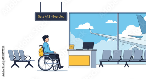 A person in a wheelchair waits at an airport gate with an airplane visible outside