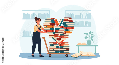 A cheerful librarian stacks a heart-shaped pile of books on a trolley beside a plant