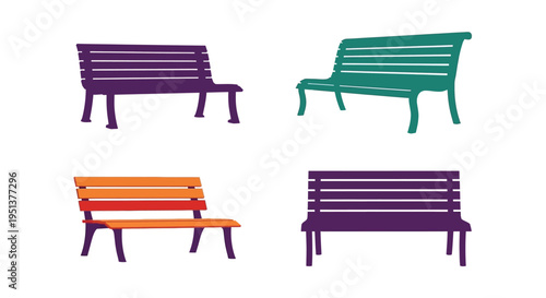 Four colorful park benches displayed in a simple graphic silhouette