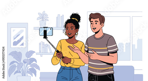 Couple creating content for social media using a selfie stick and phone