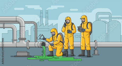 Hazmat team inspects leaky industrial pipeline with green toxic spill