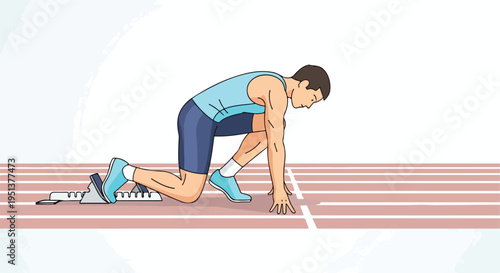 Athlete in starting blocks on a running track, ready to race