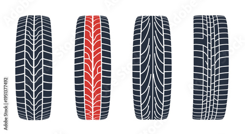 Four car tires with varying tread patterns a striking silhouette