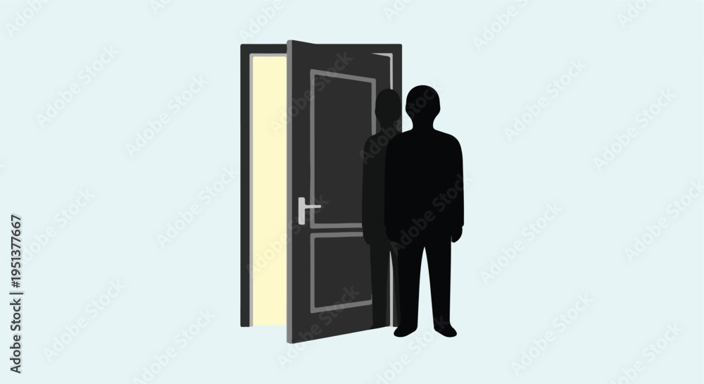 Fototapeta premium Silhouette of a person stands beside an open door with light glowing from within