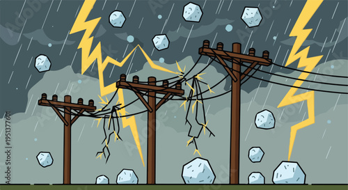 Severe thunderstorm with lightning striking utility poles amidst falling hail