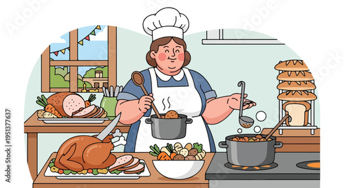 A cheerful chef prepares a festive feast with roasted meats and fresh bread