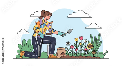 Person on crutches gardening, surrounded by colorful flowers and plants, with watering can