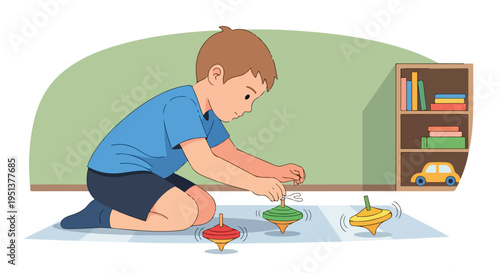 Young boy playing with spinning tops in a room with bookshelf