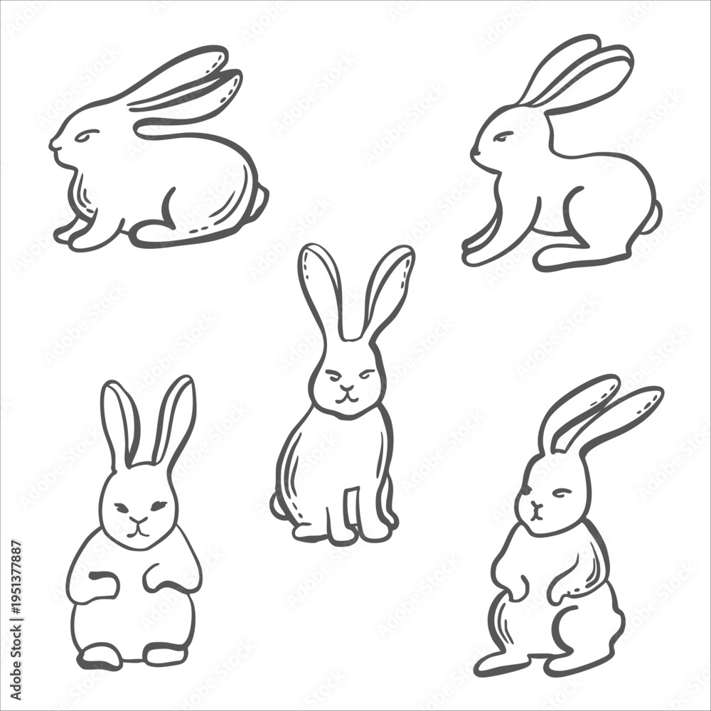 Fototapeta premium Set of rabbits sketch vector graphic illustration for design of farming and zoological themes. Whimsical hand drawn isolated Easter bunnies. Black and white hare doodles for organic product packaging.