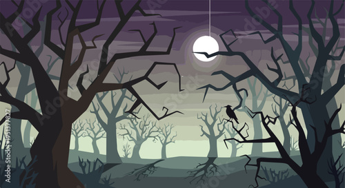 Eerie nighttime forest scene with a full moon and a solitary crow perched on a branch