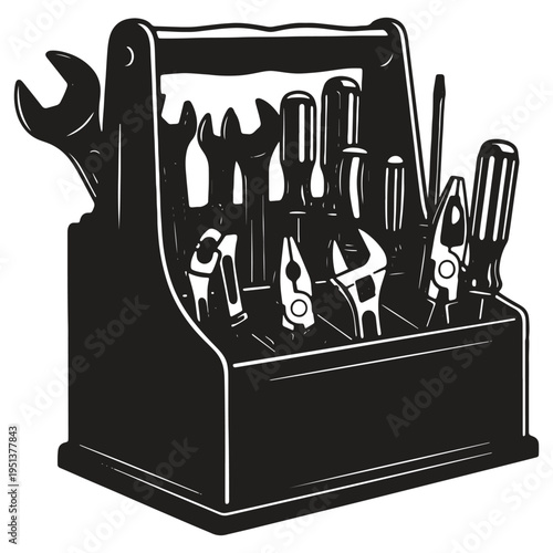 Toolbox with various hand tools like wrenches and screwdrivers arranged inside and outside isolated on transparent background