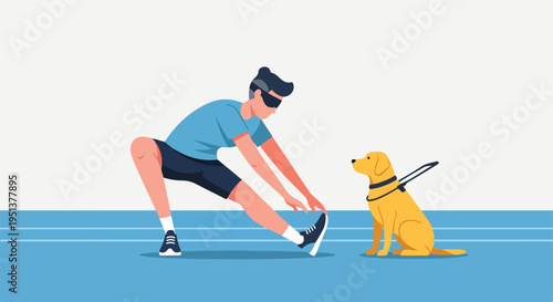 A person wearing blindfold stretches while their service dog waits patiently nearby