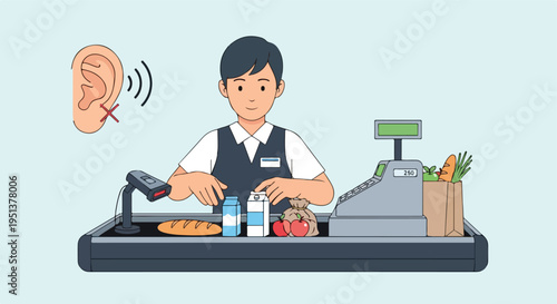 A smiling cashier scans groceries while an ear symbol indicates no sound