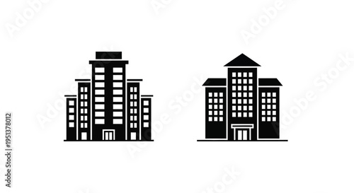 Two building designs presented as minimalist black silhouettes