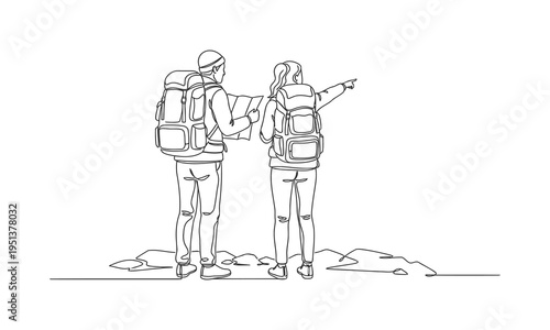 Single one line drawing smiling couple planning the route and looking at the map. Travel, vacation, holidays and adventure