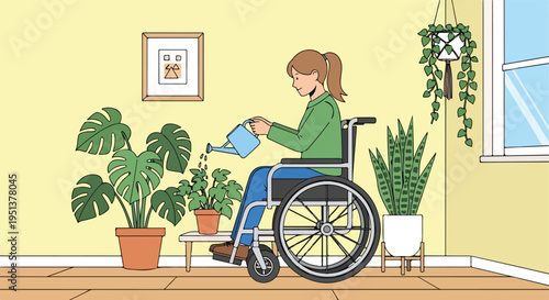 Person in wheelchair waters plants inside a room with a window and wall art