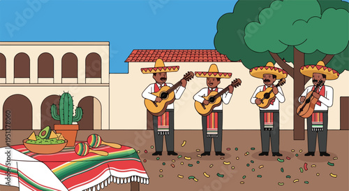 Mariachi band plays music near traditional building with cactus and food