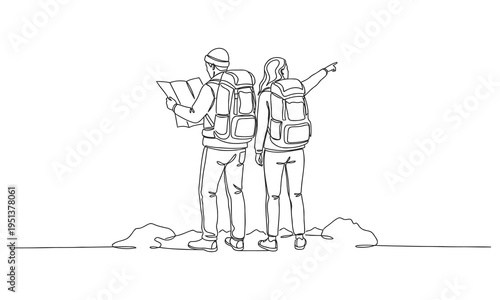 Single one line drawing smiling couple planning the route and looking at the map. Travel, vacation, holidays and adventure