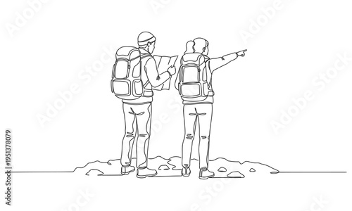Single one line drawing smiling couple planning the route and looking at the map. Travel, vacation, holidays and adventure