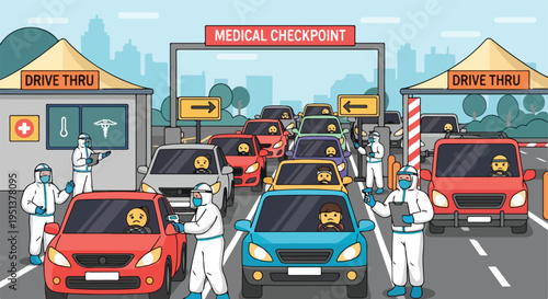 Cartoon illustration of a pandemic drive-thru medical checkpoint with cars and masked personnel