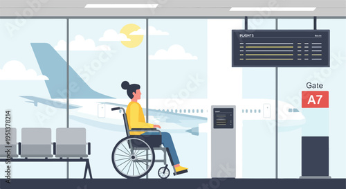 Woman in wheelchair waits at airport gate with plane outside the window