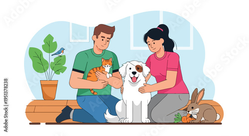 Happy family with pets dog, cat, rabbit, and bird