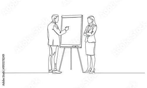 Continuous one line drawing young male CEO explaining business process to his partner with infographic on flip chart. One line draw graphic design vector illustration