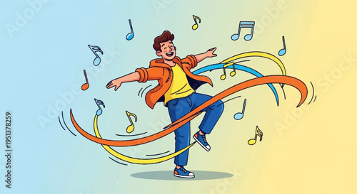 Young man dancing with colorful swirling music notes in vibrant gradient background