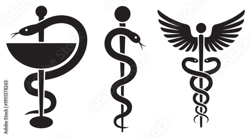 Caduceus medical snake icon set, flat winged staff with intertwined serpents vector illustration, pharmacy medical symbol, isolated transparent background collection