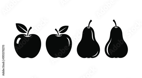 Black fruit silhouettes of apples and pears arranged in a row