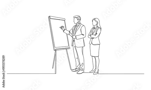 Continuous one line drawing young male CEO explaining business process to his partner with infographic on flip chart. One line draw graphic design vector illustration