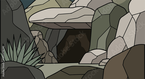 Abstract illustration of a cave entrance surrounded by rock formations and spiky vegetation