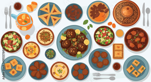 Overhead view of a diverse platter of Middle Eastern and Mediterranean dishes