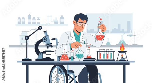 Scientist in wheelchair conducting experiment with colorful liquids in laboratory glassware